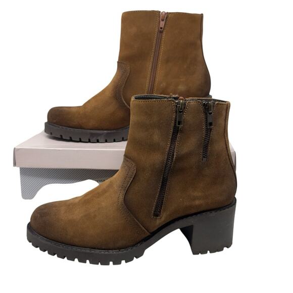 Eric Michael Suede Moto Boots Brown Distressed Zippers Chunky Size 40 9.5 - Picture 1 of 13